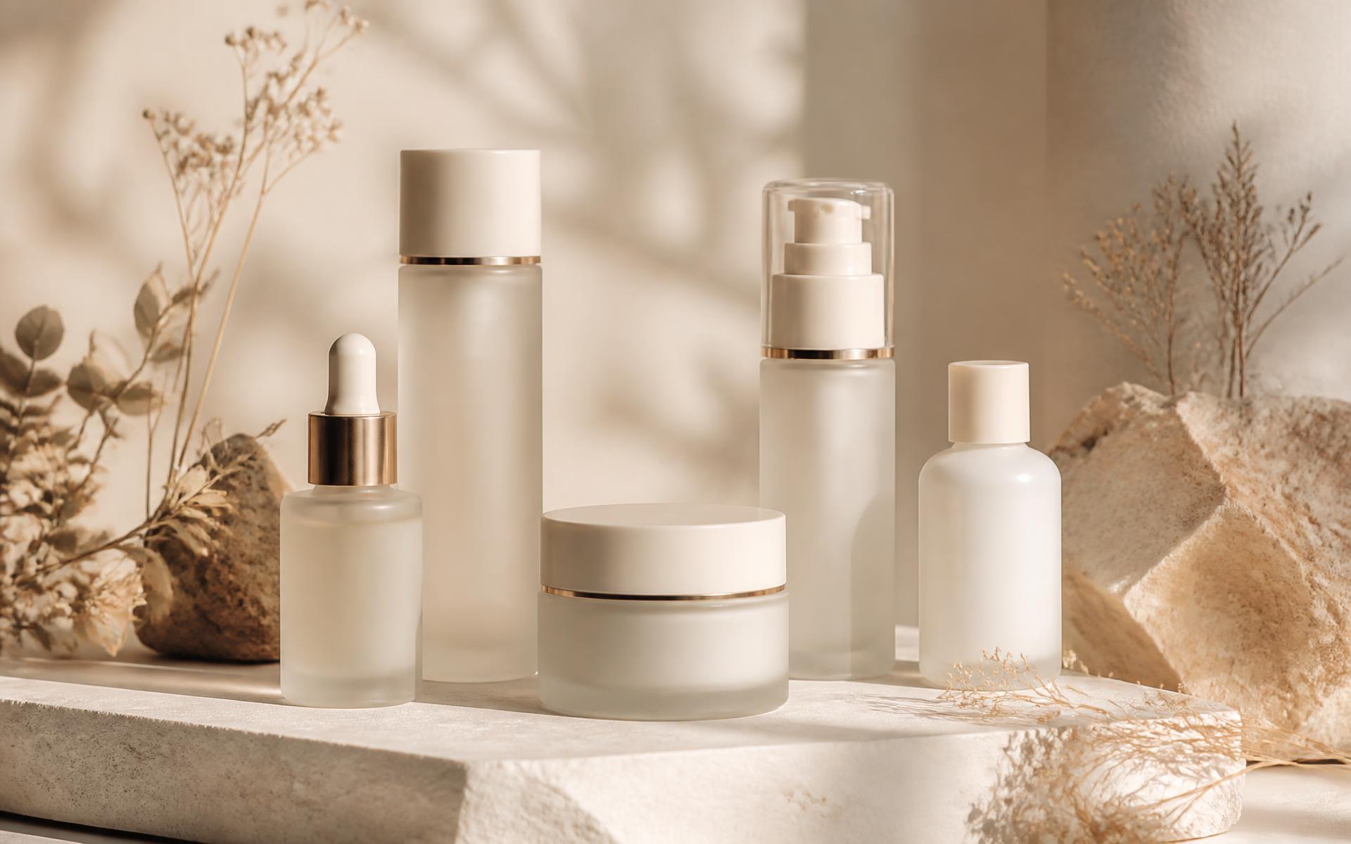 Arrangement of skincare bottles, a cream jar and a serum dropper on a stone plinth